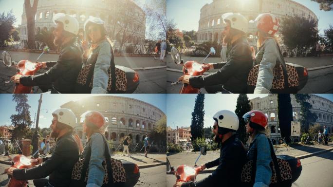 在罗马市中心的摩托车上自拍