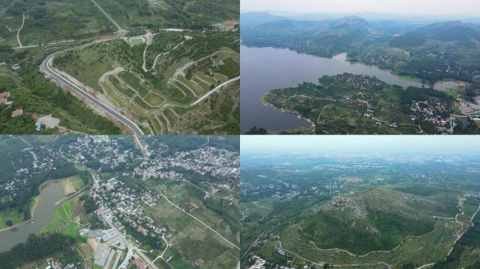 航拍大山山村公路湖泊