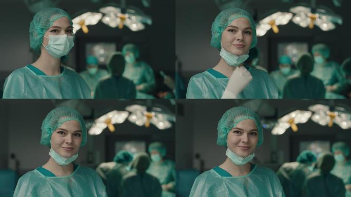 手术室里的护士摘下口罩微笑