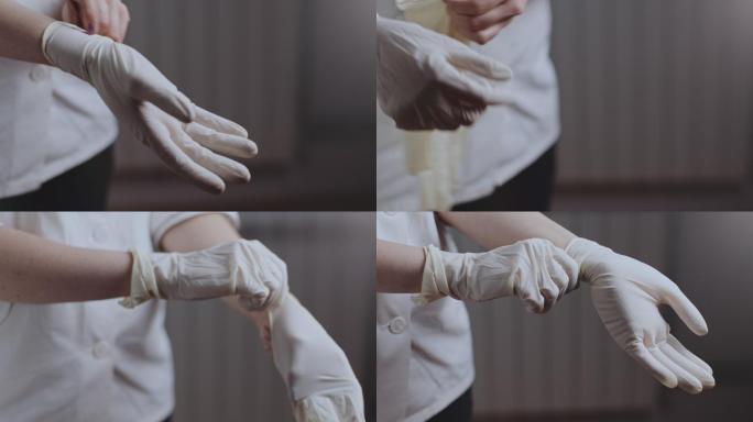 医务护士戴上医用手套。