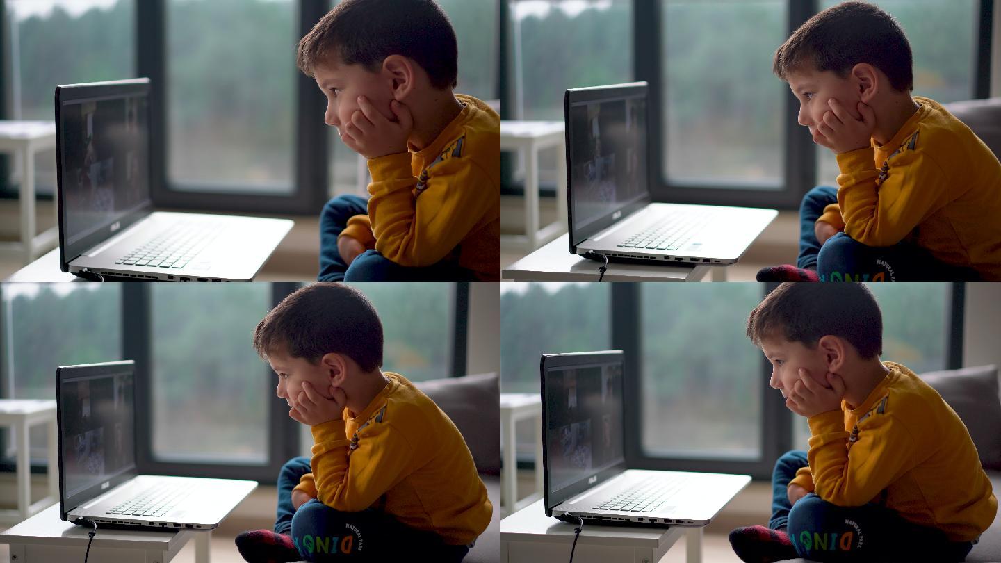 坐在笔记本电脑前的小男孩