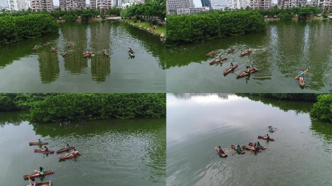 海南黎族撑船唱歌航拍