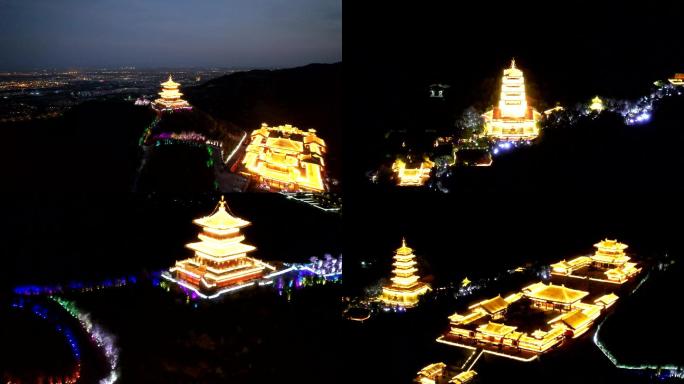 航拍太原太山龙泉寺夜景滑动变焦4K