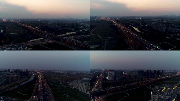 4K城市夜景，晨曦，城市俯拍，车流