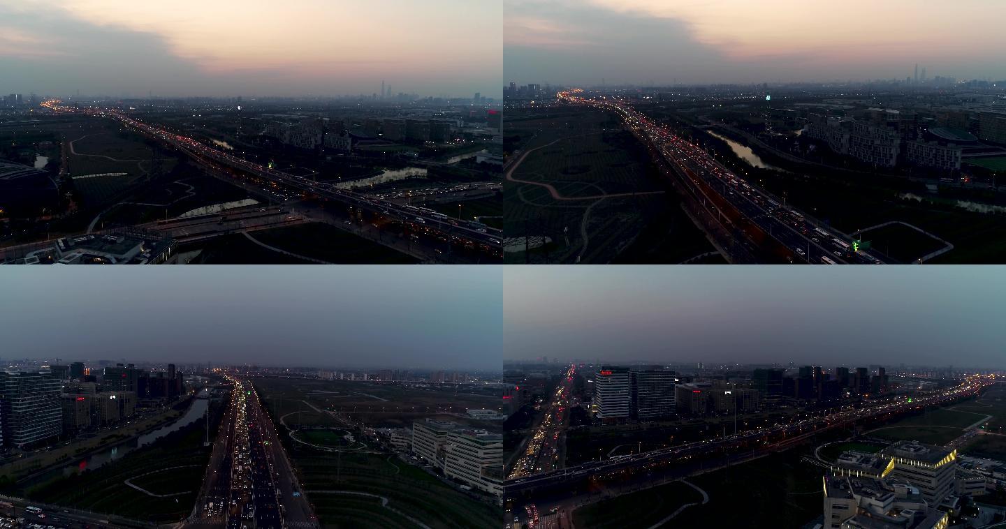 4K城市夜景，晨曦，城市俯拍，车流