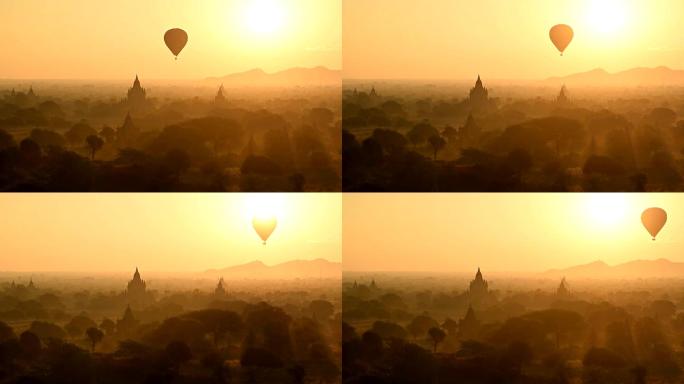 缅甸巴甘的古代佛教寺庙上空的气球。