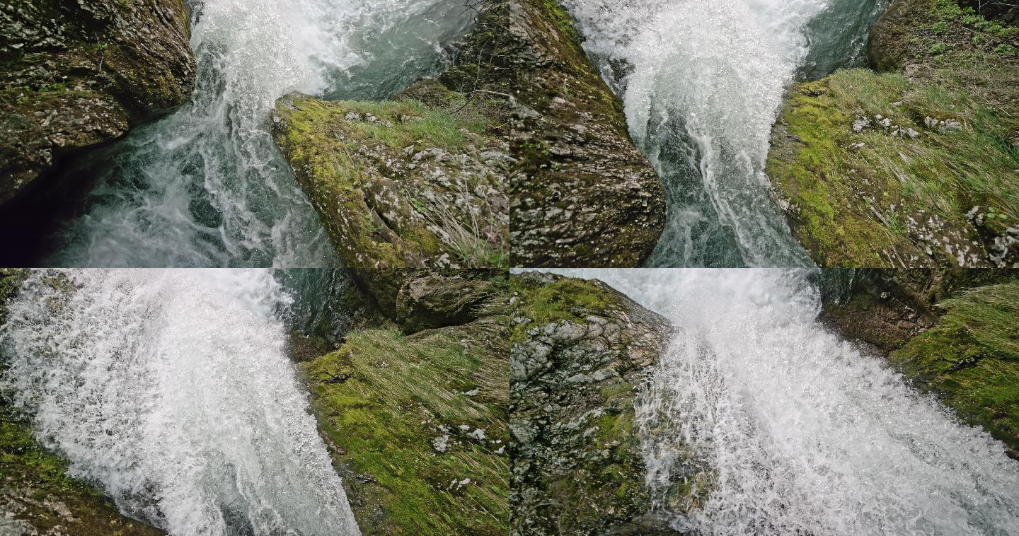 在岩石河床上形成了一个美丽的瀑布