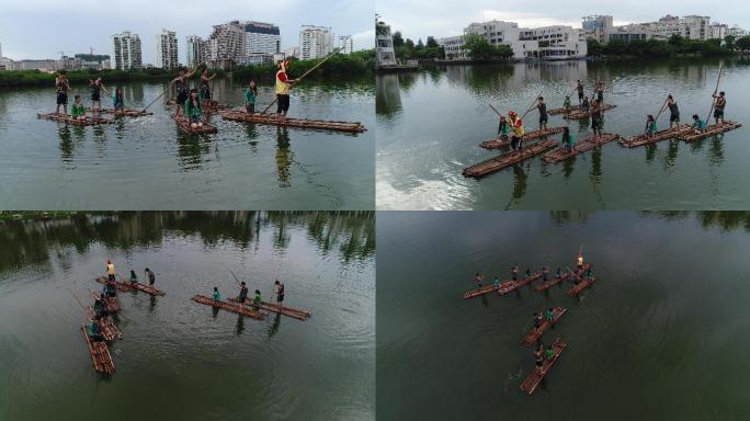 海南黎族撑船唱歌航拍