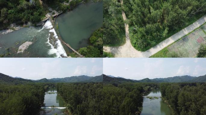 北京郊区森林河流河道航拍素材