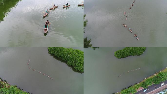 海南黎族撑船唱歌航拍