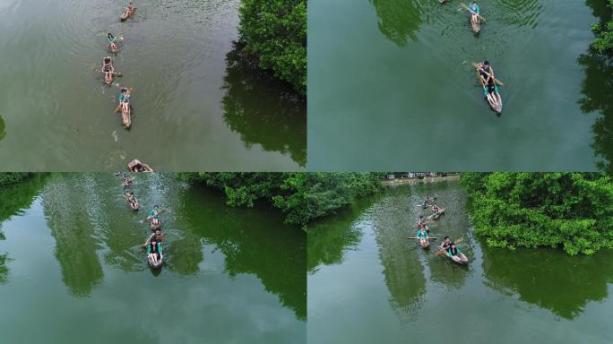 海南黎族撑船唱歌航拍