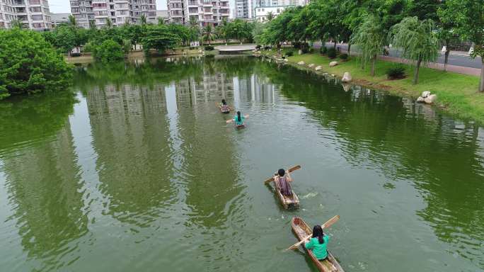 海南黎族撑船唱歌航拍