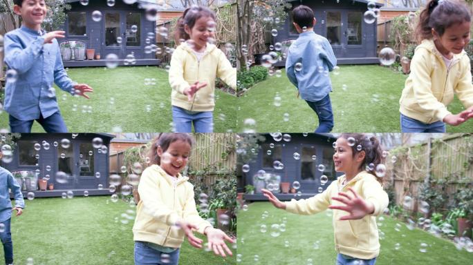孩子们在花园里嬉笑追逐泡泡