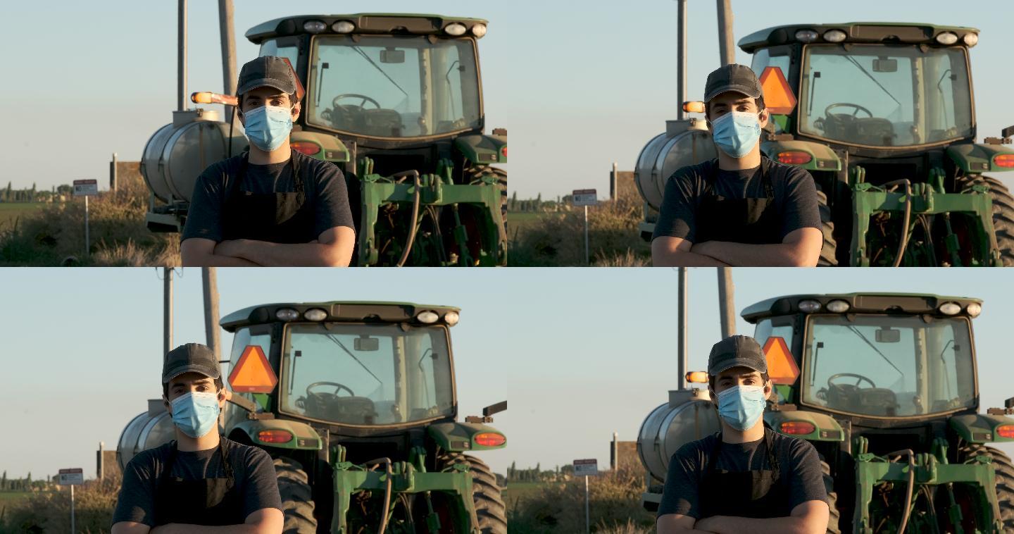 戴着口罩的年轻农民