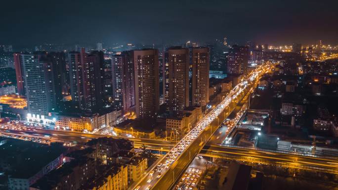 城市交通夜景车流航拍4K延时