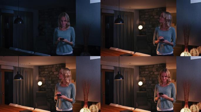女人用手机开灯通信互动家庭生活