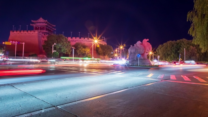 陕西榆林古城南门口夜景延时视频