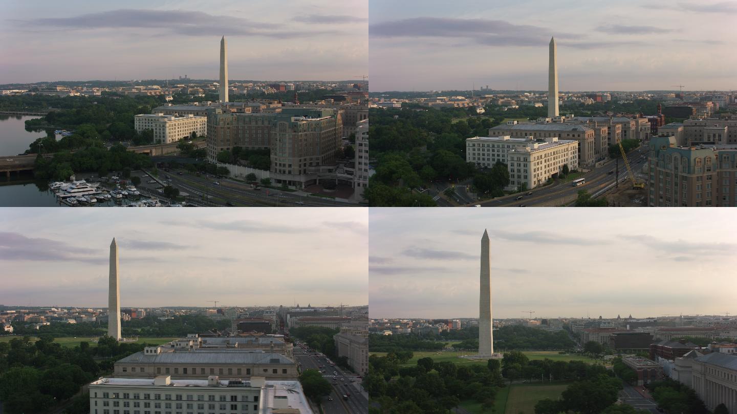 航拍华盛顿纪念碑和白宫的日出