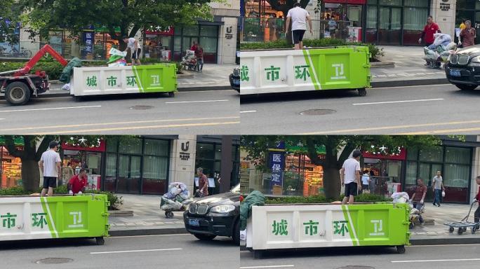 城市美容师环卫工人用垃圾车收集各角落垃圾