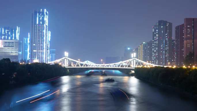 4K城市桥梁河道运河夜景延时