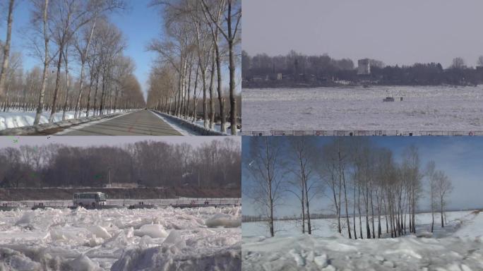 东北黑龙江雪中开车中俄边境小屋冰面结冰