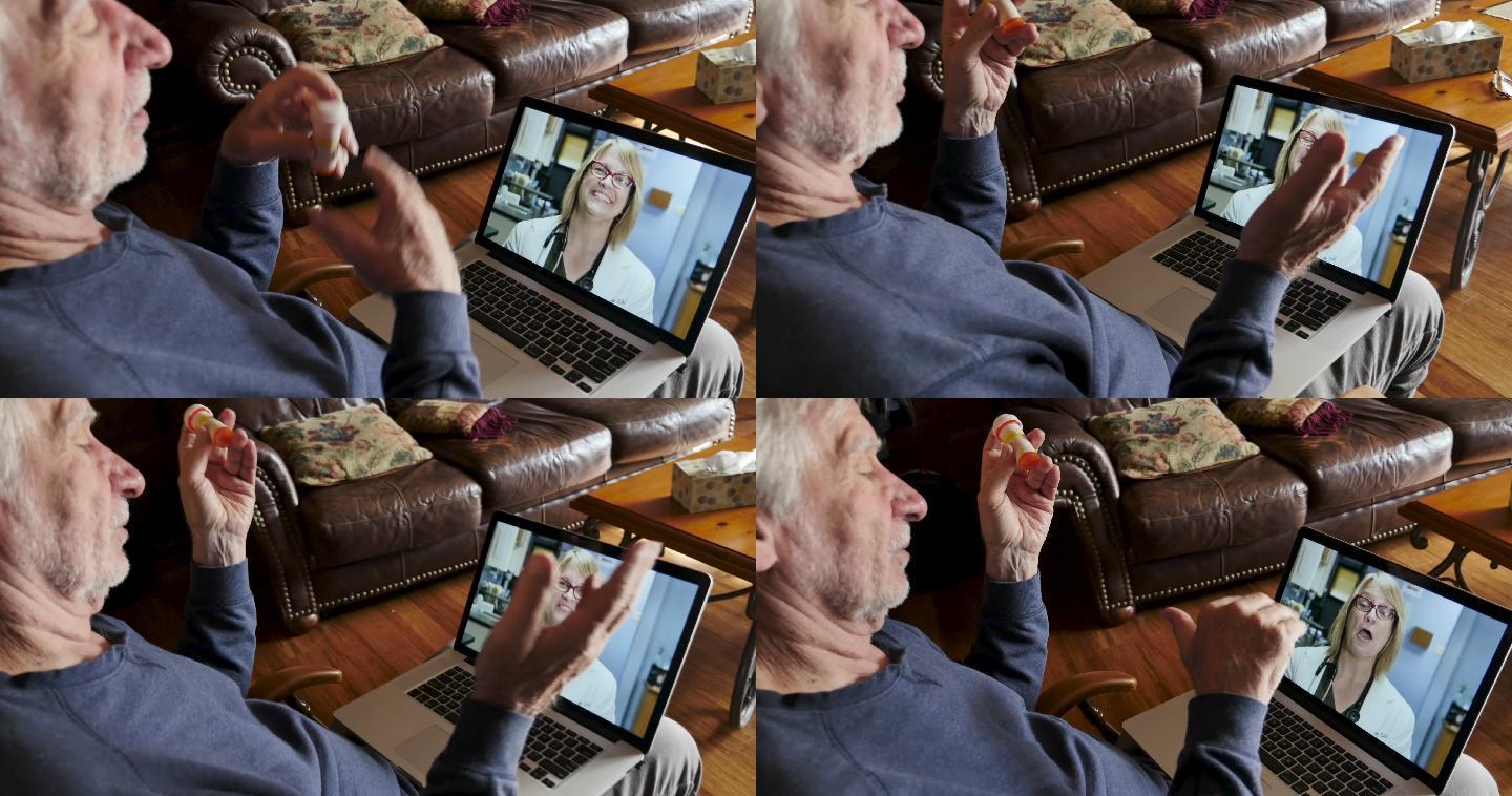 女医生在远程医疗视频聊天中与一位老人道别