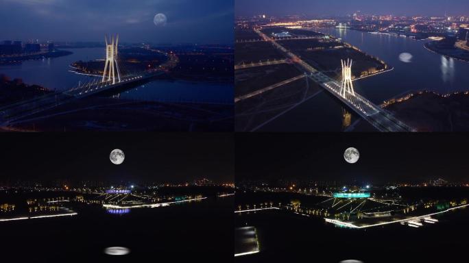 城市月亮夜景月亮空镜中秋团圆郑州水中月亮