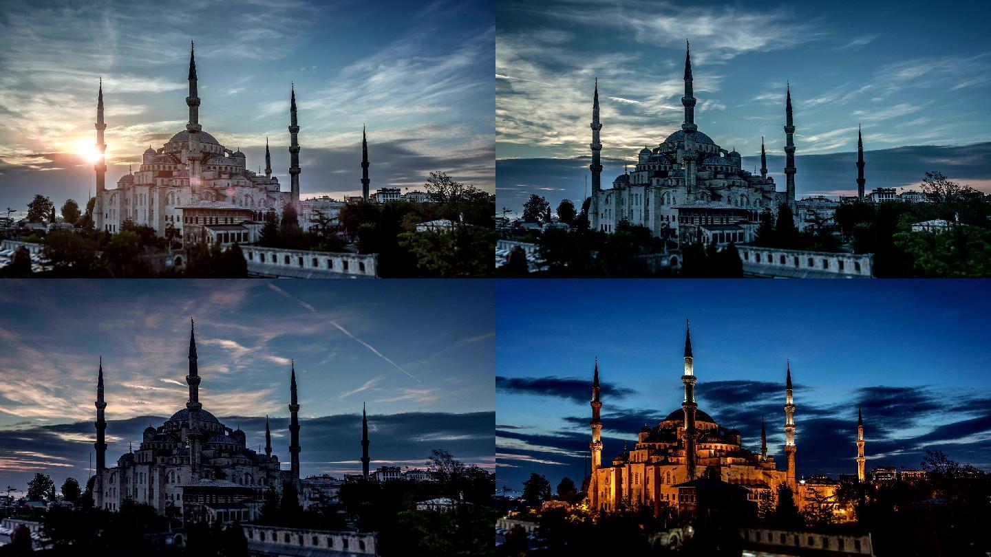 日落时伊斯坦布尔的蓝色清真寺延时