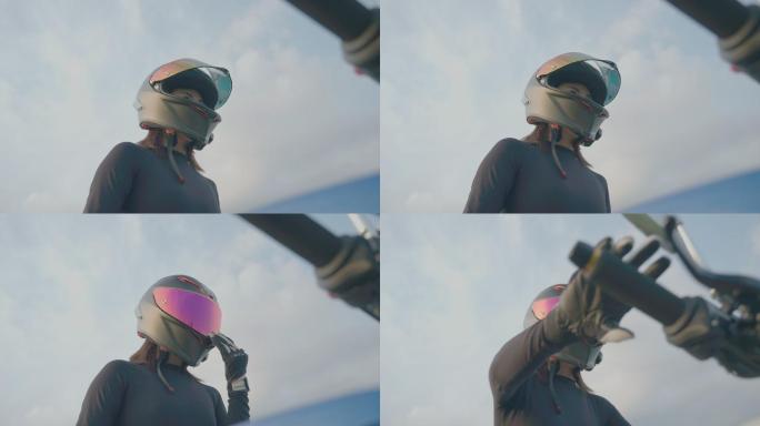 女骑士 摩托车 戴头盔