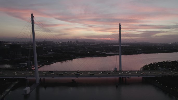 航拍宁波姚江青林湾黄昏夕阳晚霞落日