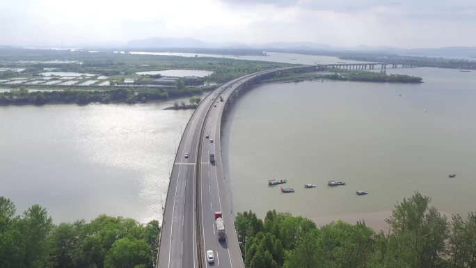 杭州市萧山区渔浦江面 河流 大桥航拍