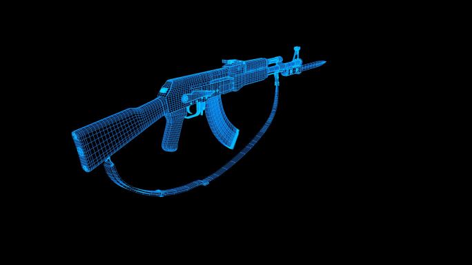 蓝色全息科技线框AK47步枪动画带通道