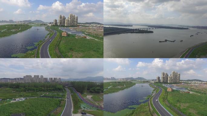 杭州市萧山区渔浦江面 河流湿地航拍