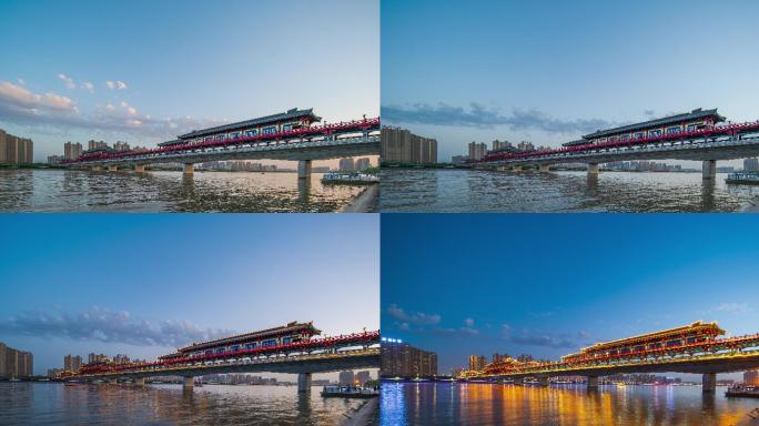 咸阳市航拍古渡廊桥延时夜景城市