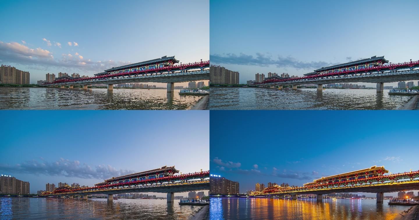 咸阳市航拍古渡廊桥延时夜景城市