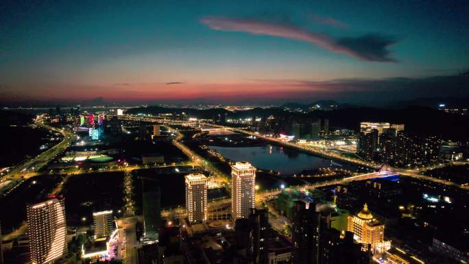 横琴新区澳门航拍城市夜景4k