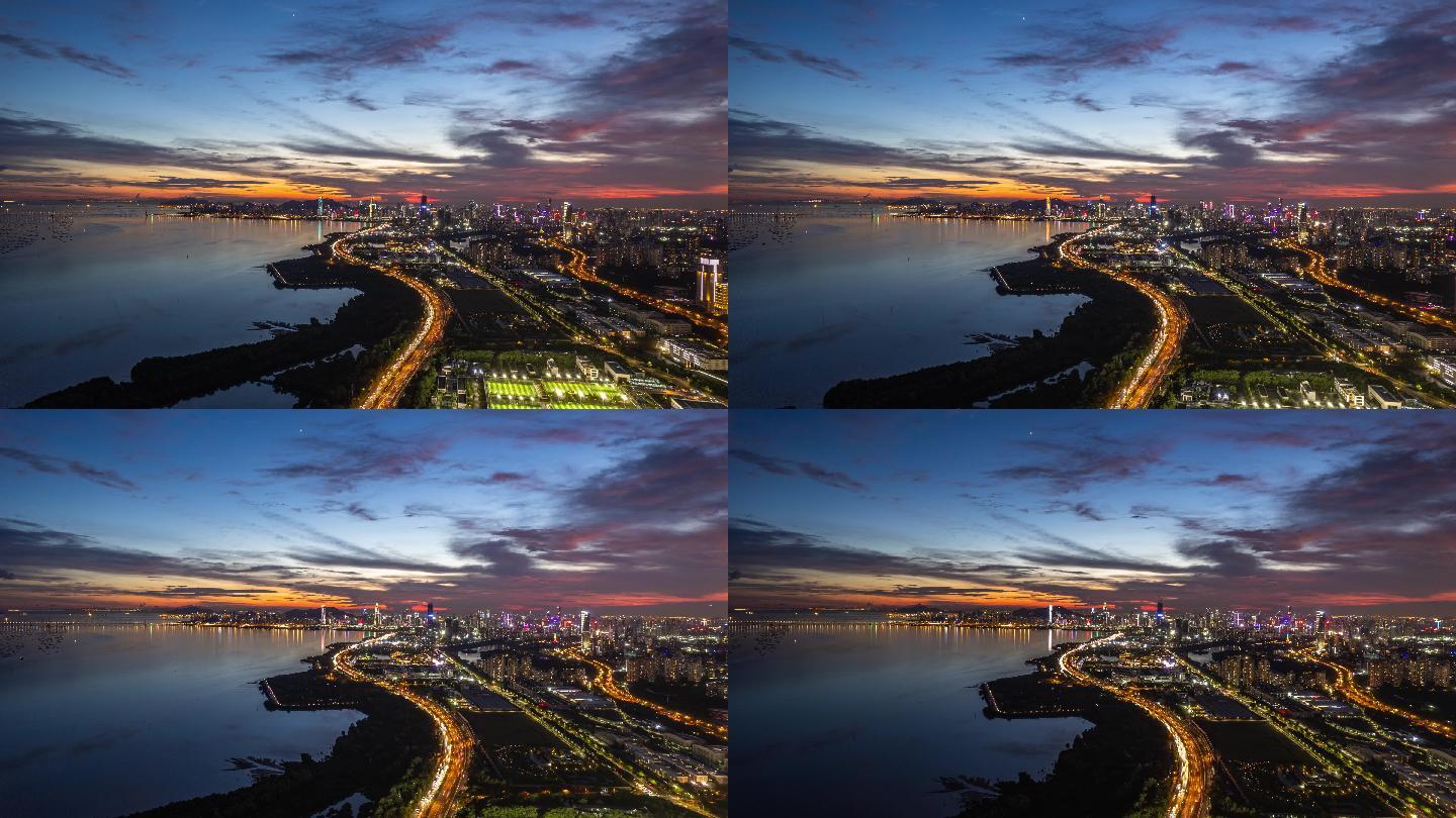 深圳市深圳湾滨河大道移动延时航拍晚霞夜景