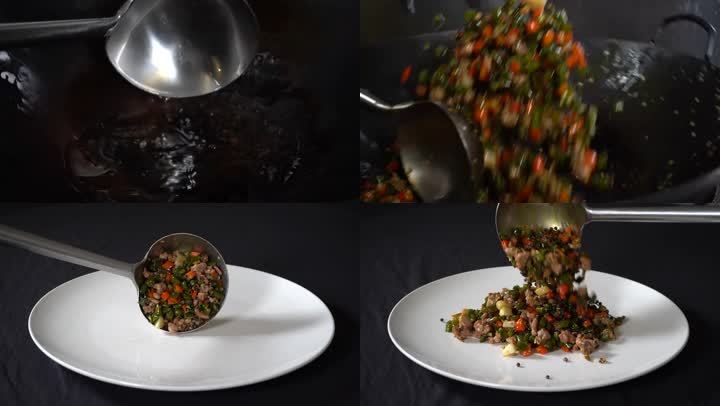 厨房放油炒菜装盘尖椒鸡特写实拍中式炒菜