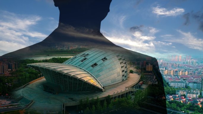 商务男性背影与城市建筑风景二次曝光素材