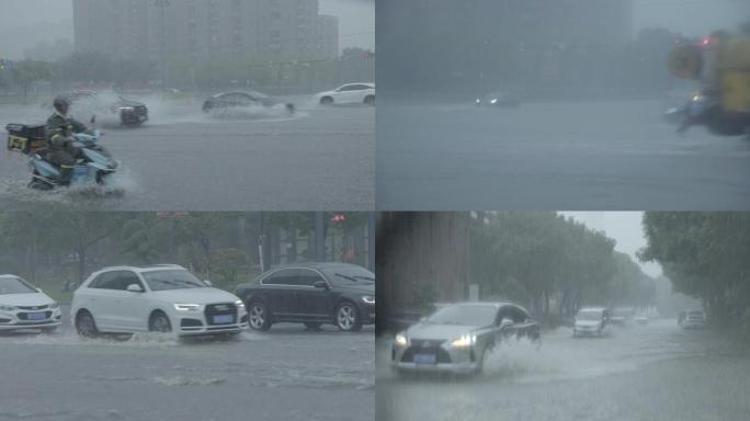 大雨中城市路面积水车流