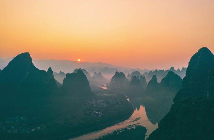 桂林山水片头航拍延时风光风景日出素材