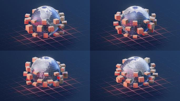 循环旋转的包装箱与地球 3D渲染