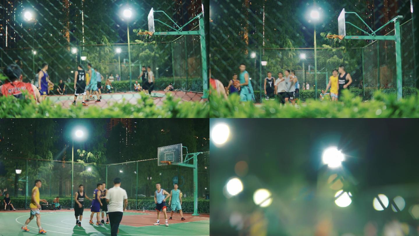 【4K】户外篮球场、晚上打篮球