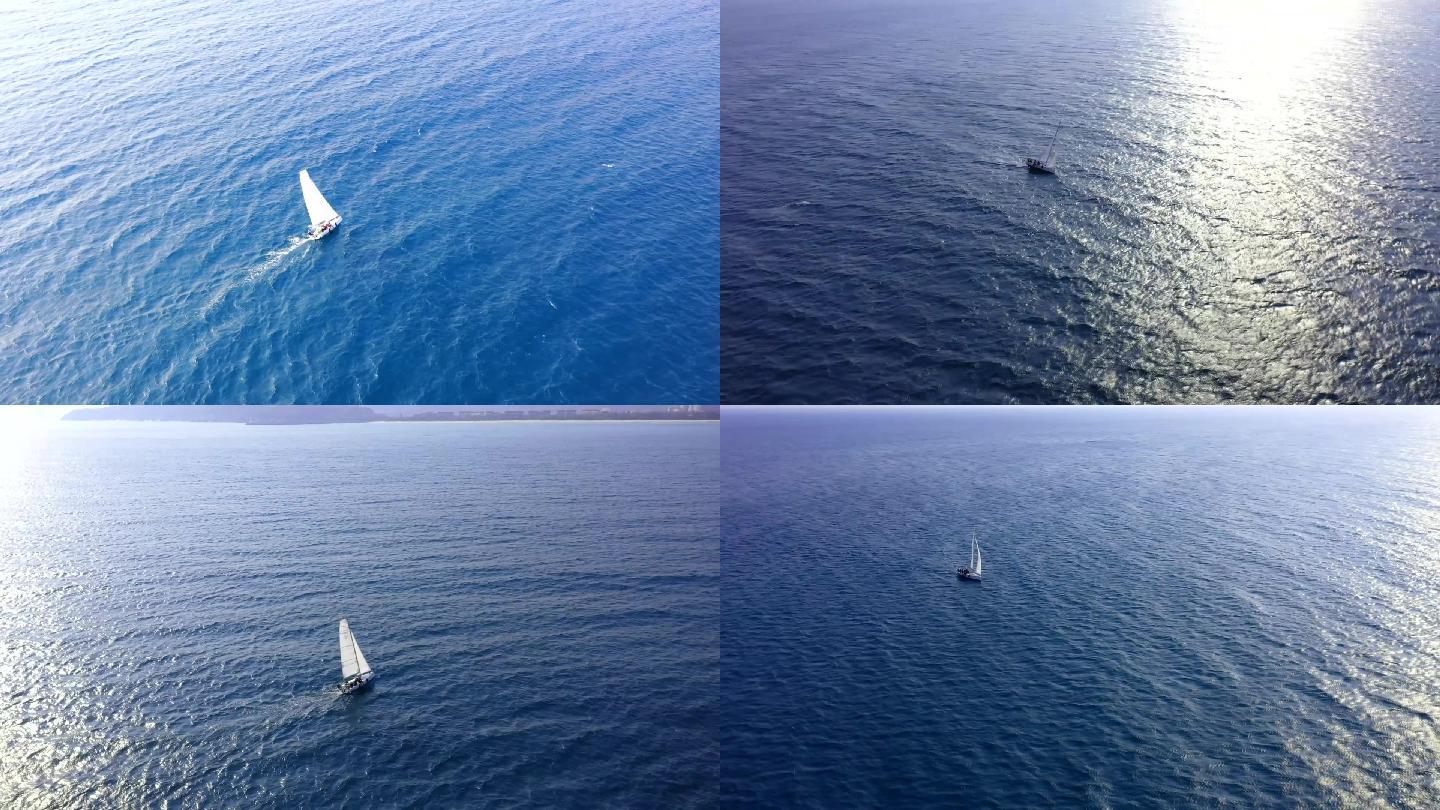 海上行驶的竞技帆船航拍