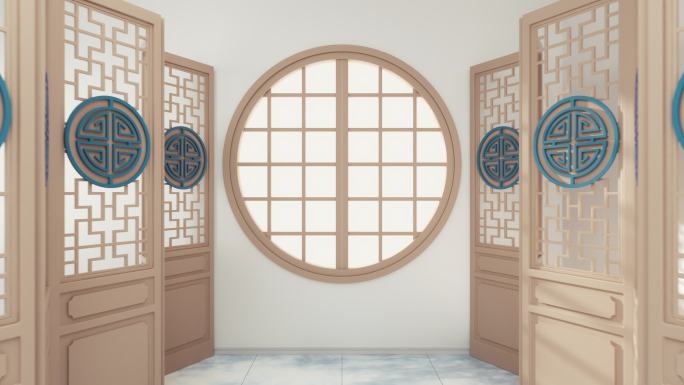 打开窗穿过中国风装饰室内3D渲染