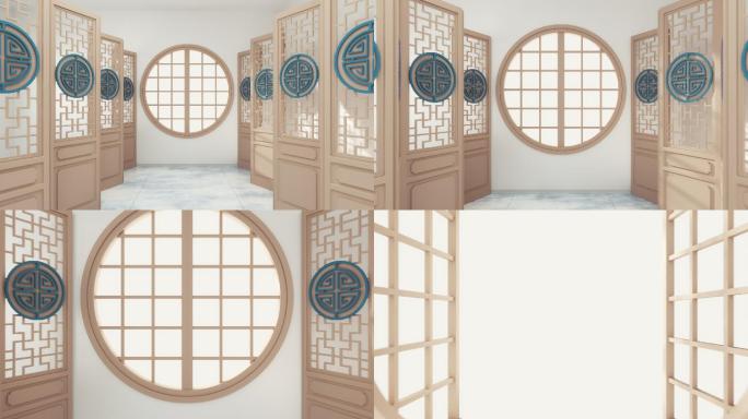 打开窗穿过中国风装饰室内3D渲染