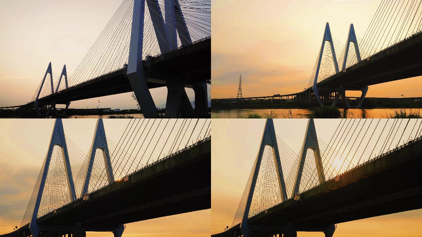 佛山顺德、广州南沙水道晨曦中的江桥