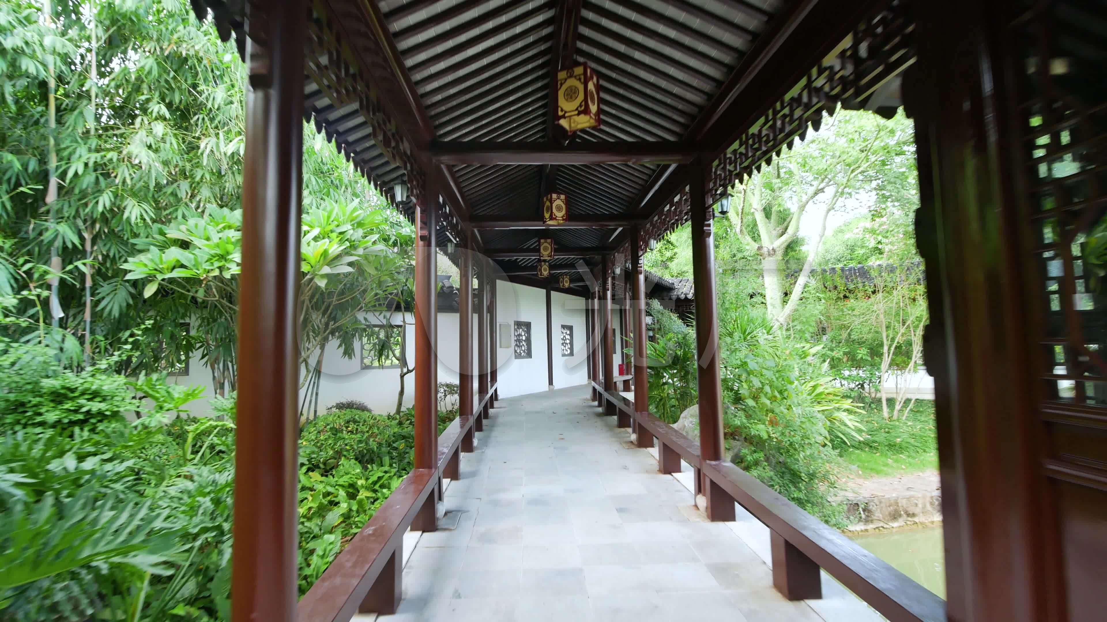 中式园林庭院古建筑长廊_3840x2160_高清视频素材下载(编号:6412202)
