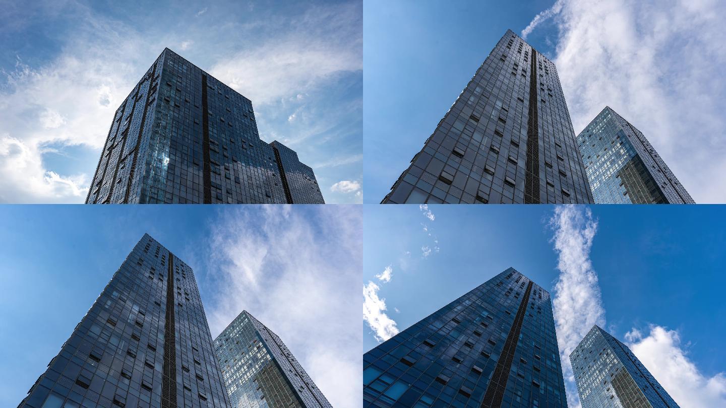 蓝天白云高楼建筑玻璃幕墙4K延时摄影