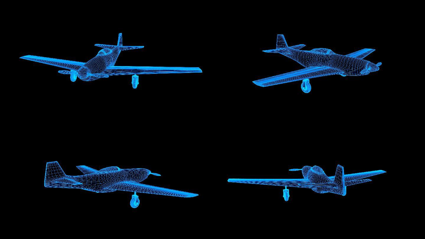 全息科技蓝色线框单螺旋桨飞机动画带通道